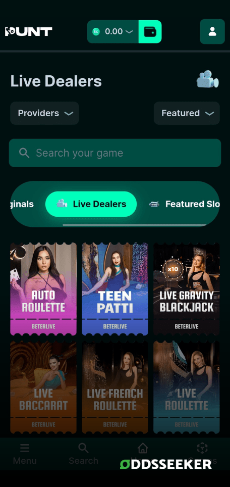 A screenshot of the mobile casino games library page for Punt.com Review